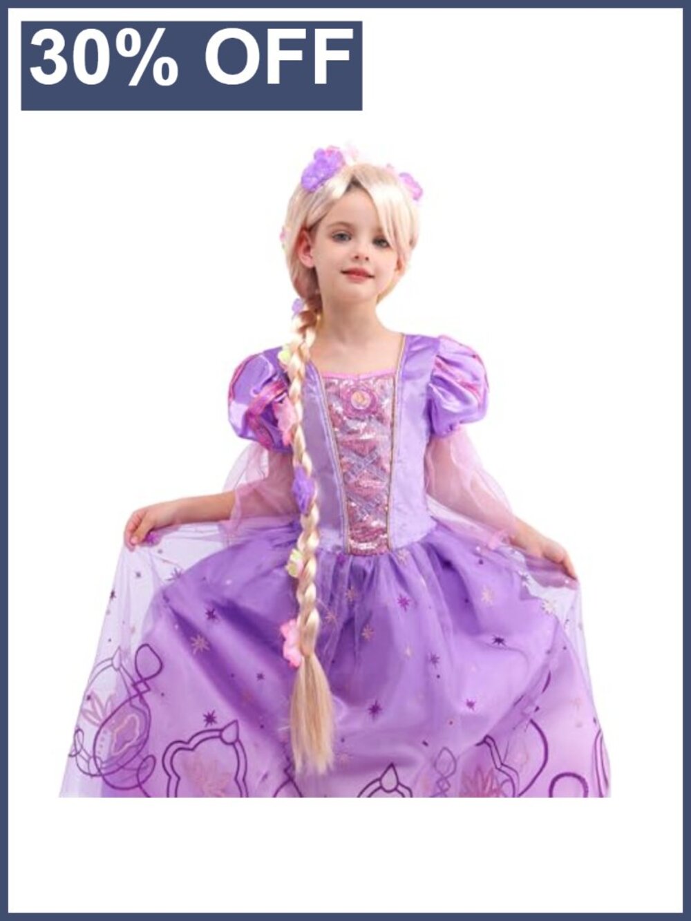 Girls Princess Costume Dress with Wig Rapunzel Birthday Halloween Party Outfit